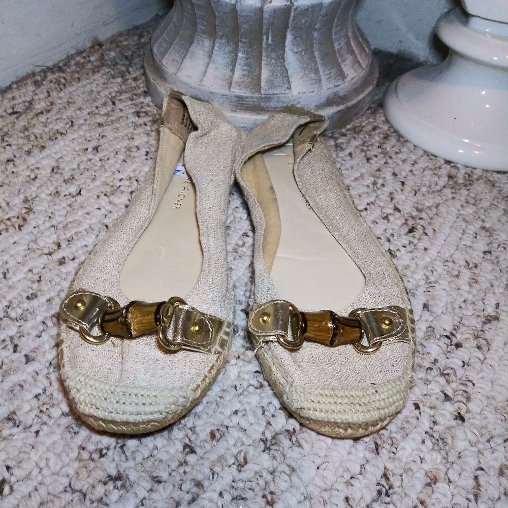 Etienne Aigner Unice Bamboo Accent Sparkly Gold Linen Espadrille Ballet Flats